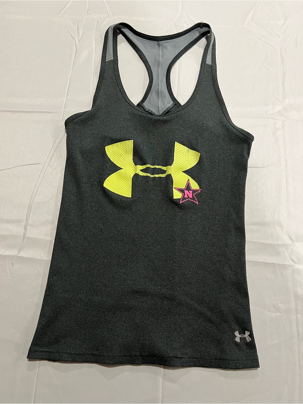 Under Armour Women's Dark Gray Racerback Tank with Neon Yellow Logo